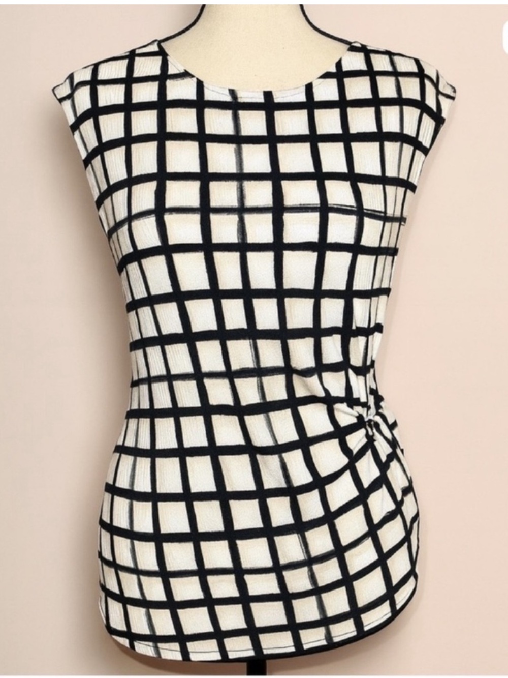 Calvin Klein Black & White Grid Knot Side Blouse